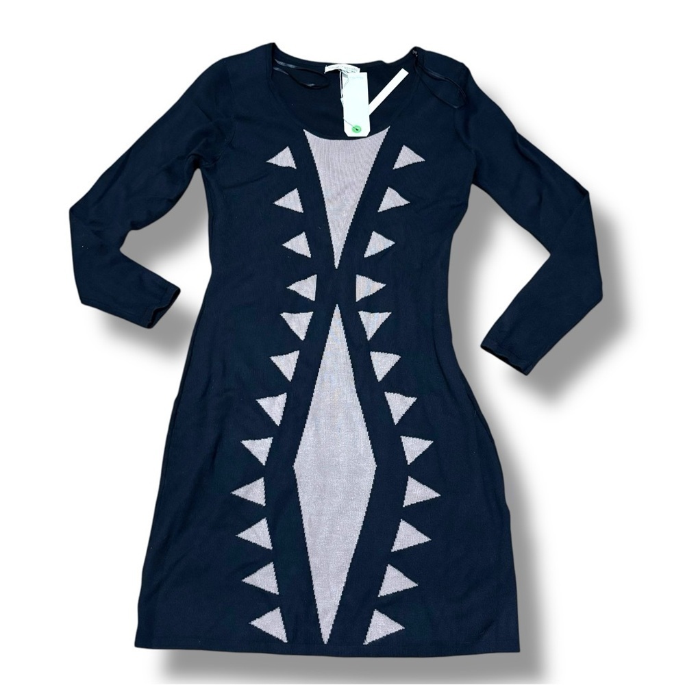 NWT Young Threads New York City Taupe Black Geometric Mini Sweater Dress Medium